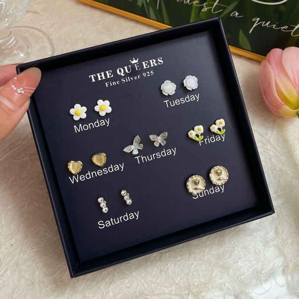 Caja de regalo especial de la semana de transmisión en vivo de verano, pendientes de dibujos animados con aguja de plata para estudiantes, frescos y coloridos, todos los días_voghion.com