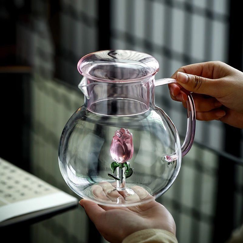 Vidro de alto valor, resistente a altas temperaturas, flor de rosa, água fria espessada, resistente ao calor, grande capacidade para preparação de chá_voghion.com