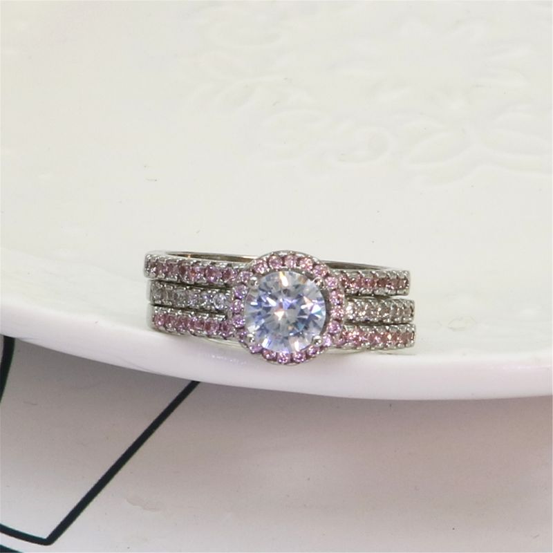 Trendy driedelige set roze diamanten ring voor vrouwen kristal zirkoon hand sieraden_voghion.com