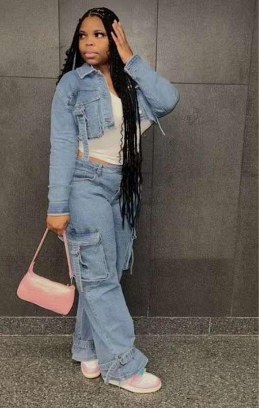 Women's Denim Workwear Jacket & Pants Set 2-Piece Outfit - Streetwear Oversized Pocket Utility Jumpsuit (Blue, M/L/XL/XXL)"_voghion.com