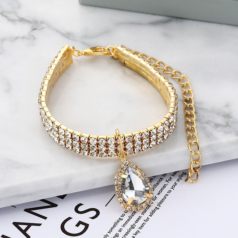 Dreireihige Haustierhalsbänder mit Diamant-Strass, Anhänger in Wassertropfenfarbe, elastisches Katzen- und Hundehalsband-Zubehör_voghion.com