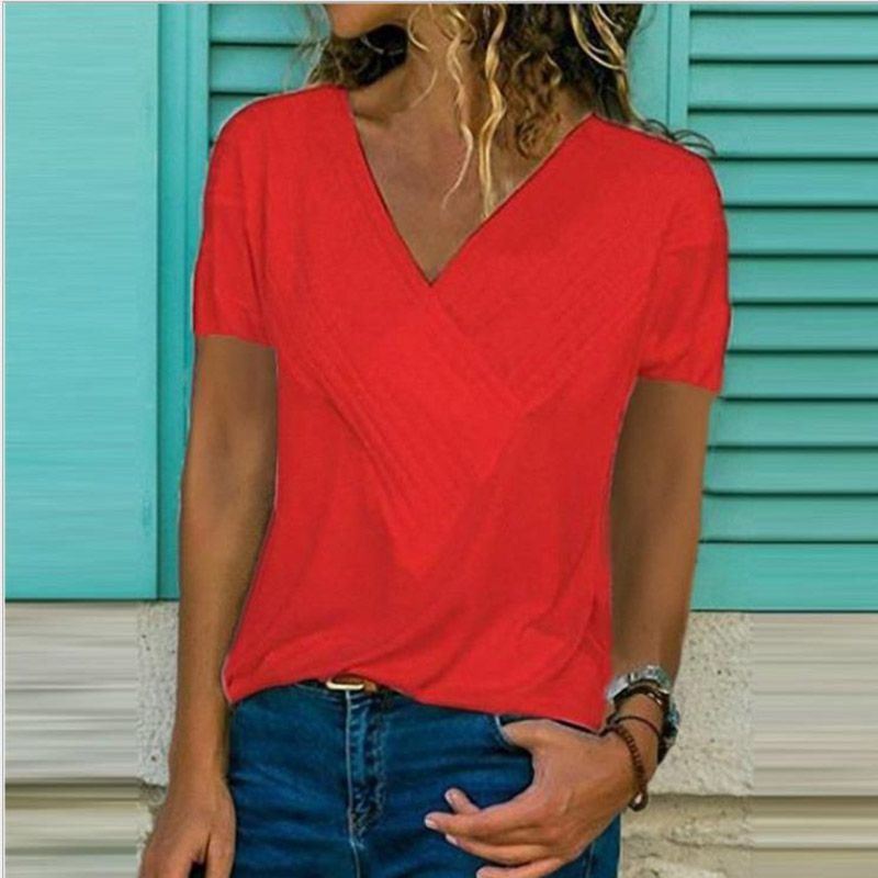 Damen-Tunika mit V-Ausschnitt, kurzen Ärmeln, lockerem Schnitt und optionaler, stylischer Bluse_voghion.com