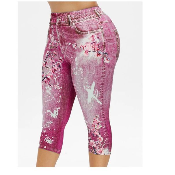 High waisted printed bottom imitation denim slim fitting cropped pants for fashionable women's summer stretch pants_voghion.com