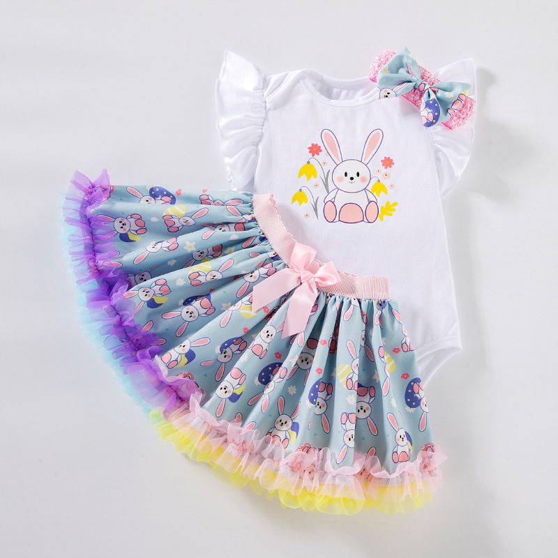 2024 Nouveaux vêtements de Pâques pour bébé Ensemble de jupe de lapin imprimé en forme de cœur avec manches volantes et dessin animé_voghion.com