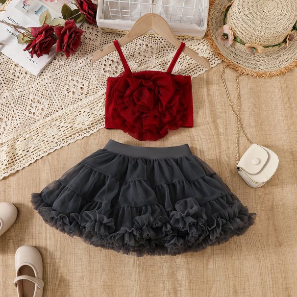 Gonna a mezza gonna elegante per bambine, gonna a canotta con fiori tridimensionali, gonna a torta per bambine_voghion.com