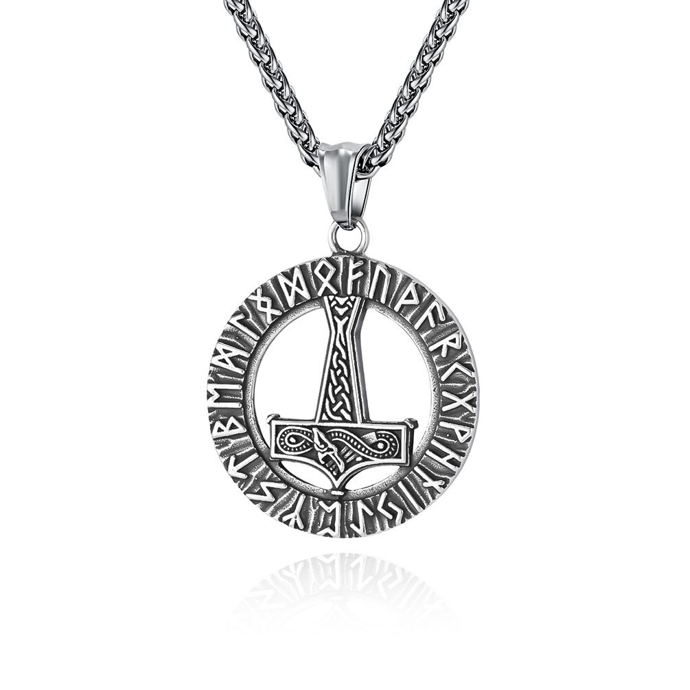 Collana in acciaio inossidabile con rune vichinghe nordiche retrò Martello di Thor Cultura della personalità Ciondolo con testo runico_voghion.com