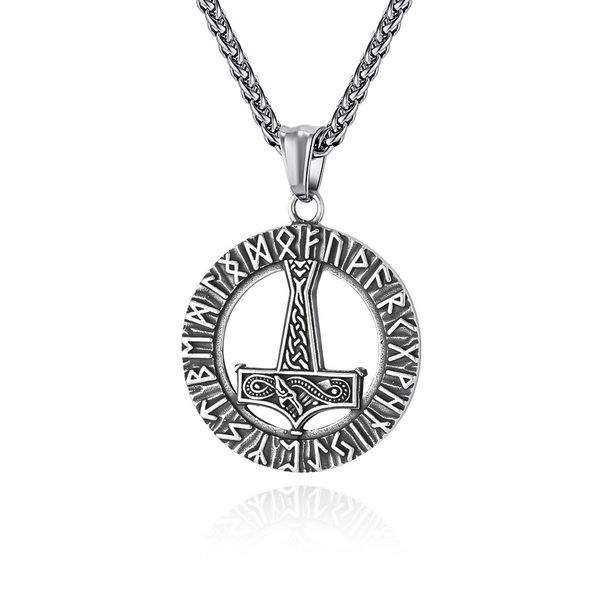 Collana in acciaio inossidabile con rune vichinghe nordiche retrò Martello di Thor Cultura della personalità Ciondolo con testo runico_voghion.com