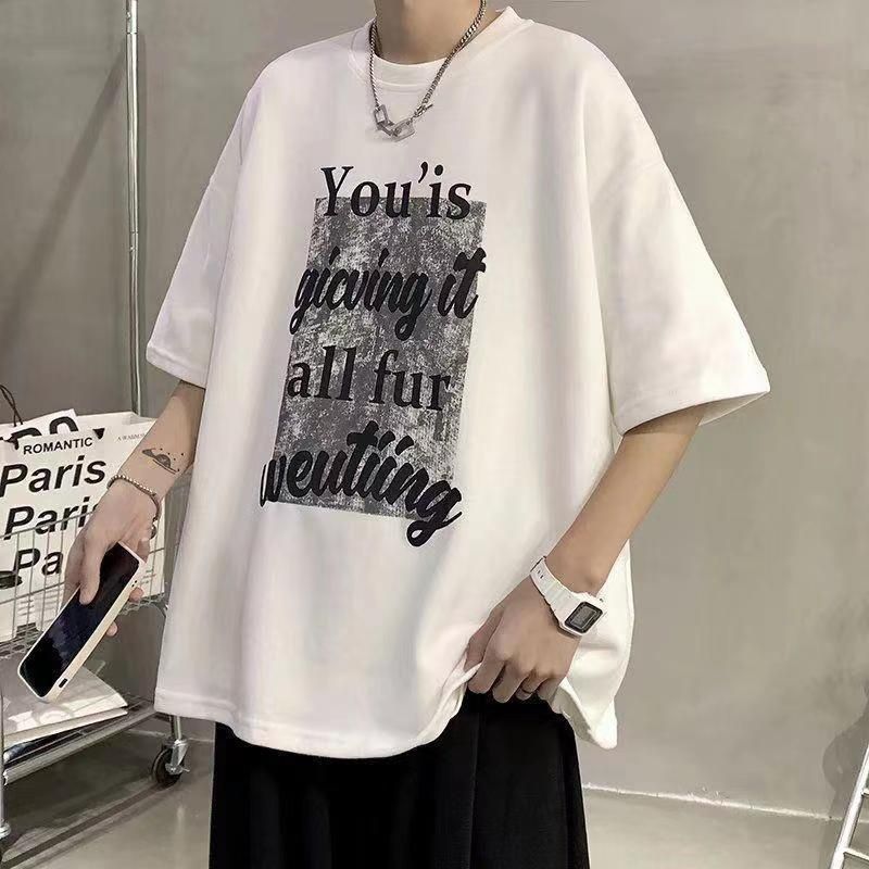 T-shirt à manches courtes pour hommes, grande taille et grosse taille, tendance estivale, manches cinq-quarts amples, col rond ins couple_voghion.com