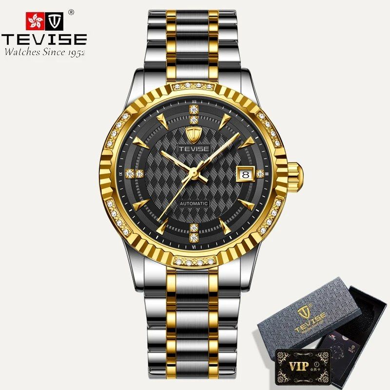 Märke TEVISE Mekanisk klocka för män för män Automatiska mekaniska klockor i rostfritt stål för män Vattentät diamantklocka_voghion.com