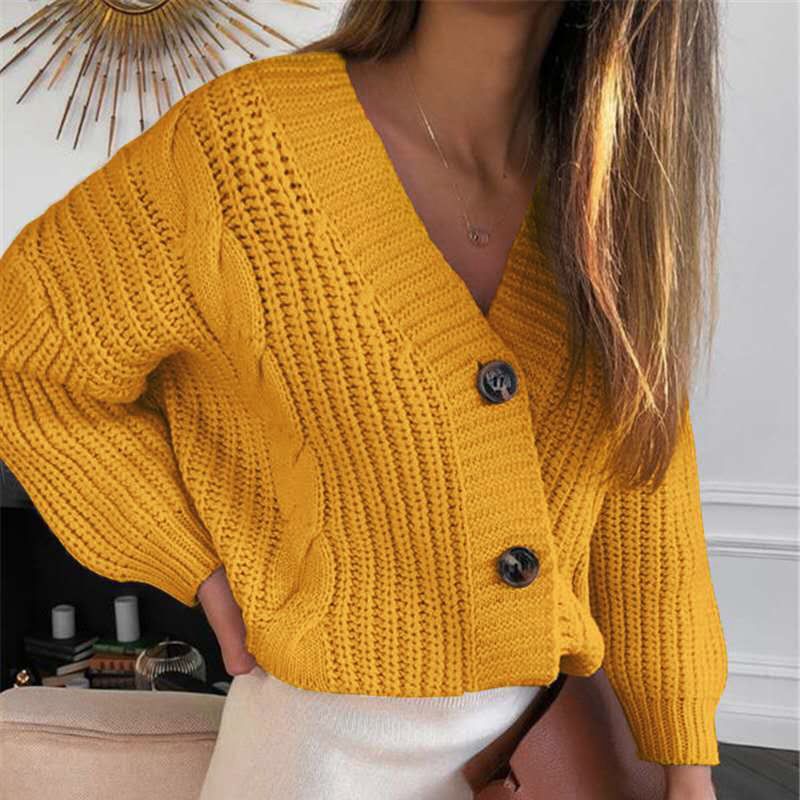 Women's Casual Long Sleeve Button Sweater Cardigan Chunky Wool Twist Knitwear_voghion.com