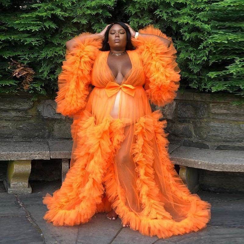 Women's Clothing Morning Gown Catwalk Photo Shoot Pregnant Women Thin Mesh Dress Party Private Clothes Outer Skirt_voghion.com