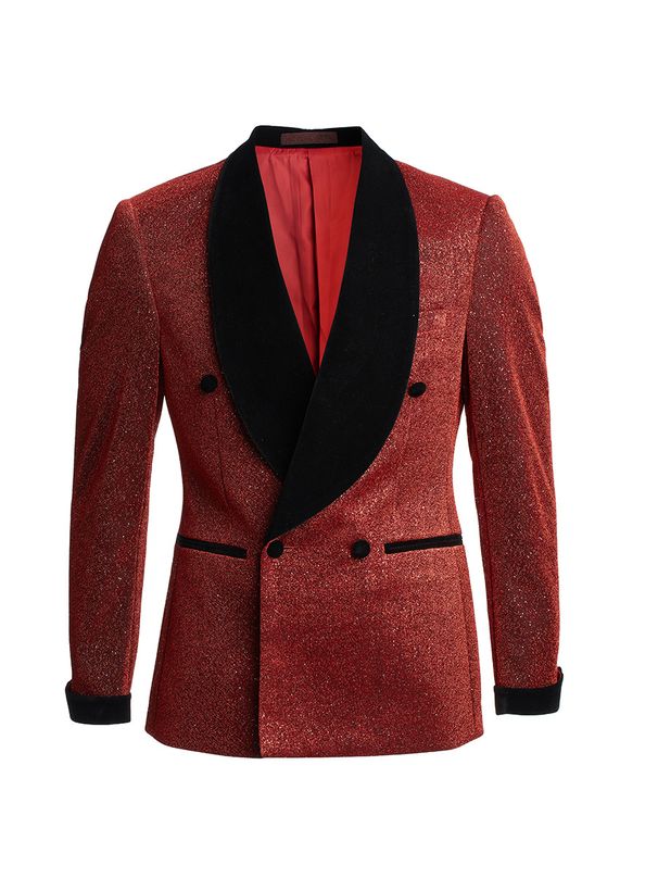 Herrenbekleidung Glänzender Bankettanzug Grüner Kragen Zweireihiger Hochzeitsanzug für den Bräutigam Zweiteiliger Anzug_voghion.com