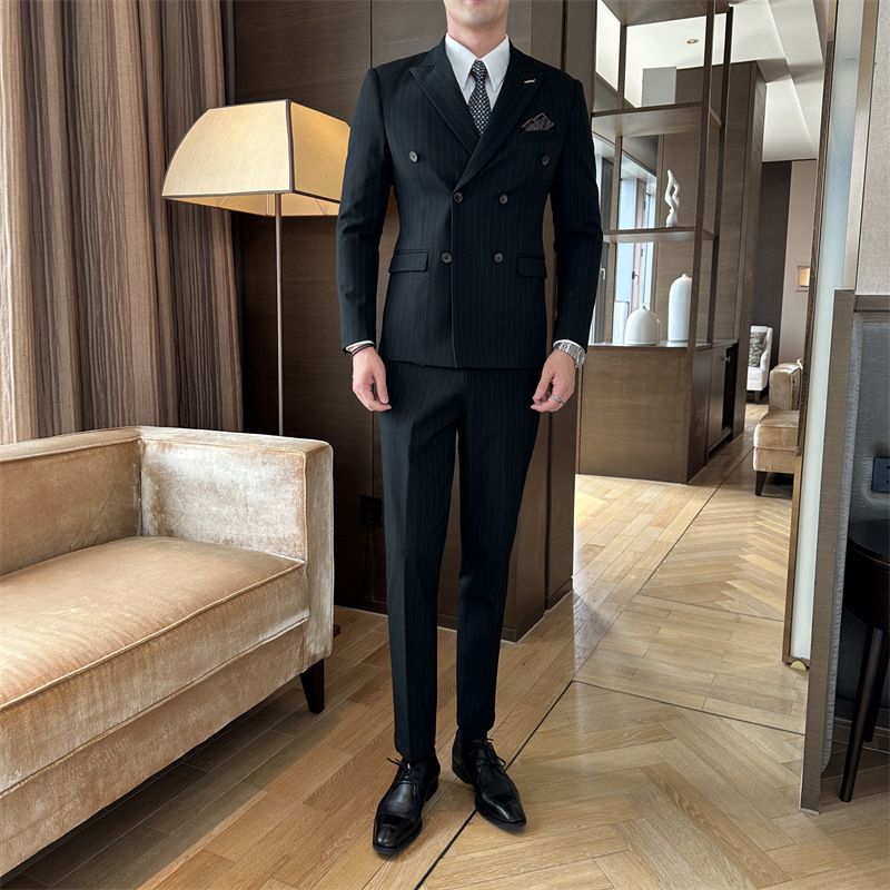 CT Double-Breasted Black Suit Striped Trendy Blazer Men Wedding Interview Professional Business High-End Formal Wear_voghion.com