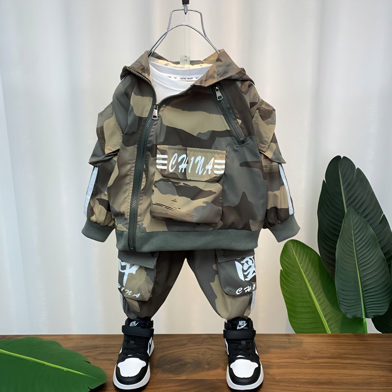 Conjunto de roupas de bebê para meninos, outono e inverno, novo suéter infantil com capuz, calças camufladas espessas, conjunto de 2 peças_voghion.com