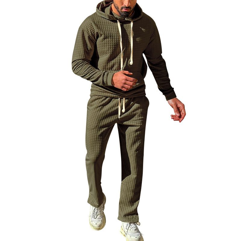 Bağımsız sonbahar ve kış erkek jakarlı küçük kareli kapüşonlu sweatshirt, uzun pantolon, günlük spor kıyafeti_voghion.com