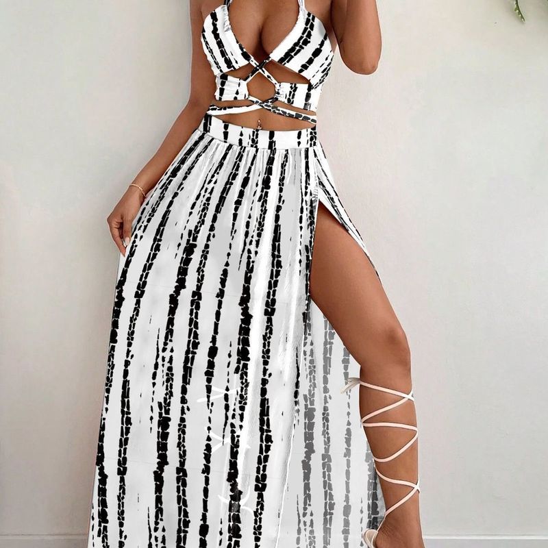 Maillot de bain trois pièces en gaze, imprimé, cordon de serrage, jupe longue bohème sexy froncée_voghion.com