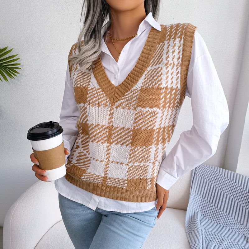 Îmbrăcăminte pentru femei, stil Ins, fotografie reală, toamnă și iarnă, casual, contrast de culoare, în carouri, tricotat, vestă, pulover, îmbrăcăminte pentru femei_voghion.com