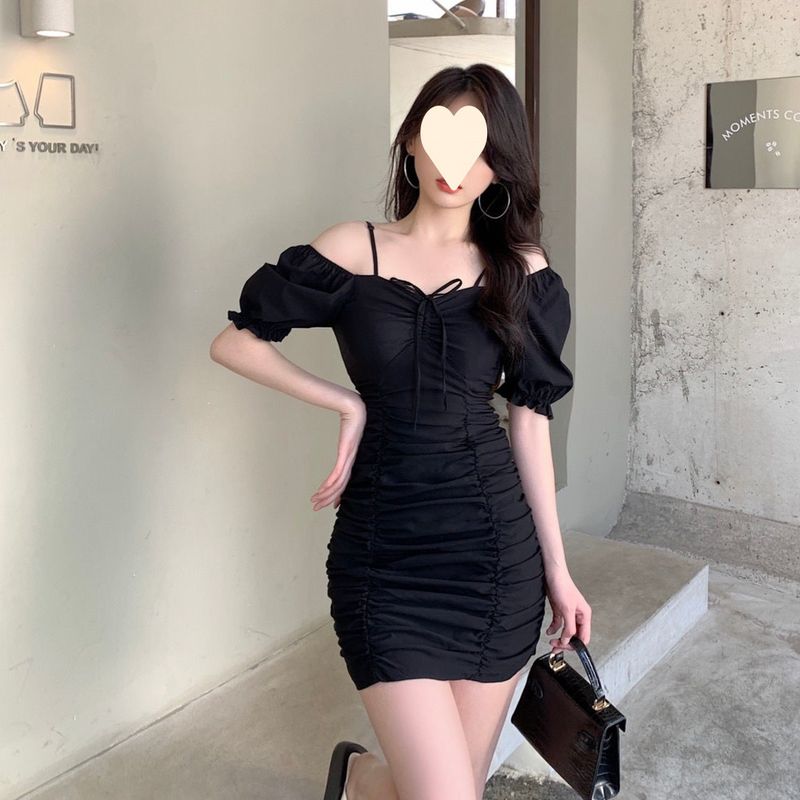 Robe amincissante à manches bouffantes et cordon de serrage pour femme, style coréen, léger et mature, été 2025_voghion.com