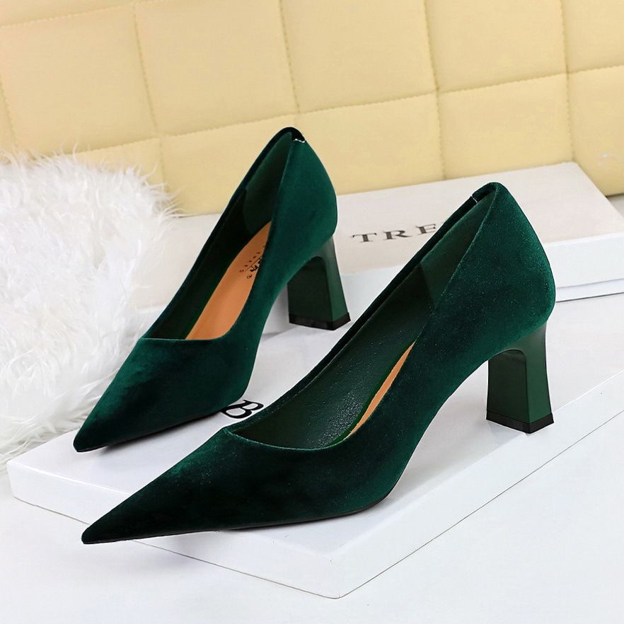 High heel chunky women's shoes suede west velvet light point single shoes_voghion.com