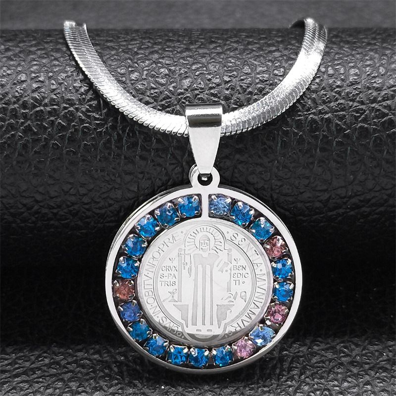 Stainless Steel Saint Benedict Medal Pendant Jewelry New Hip-Hop Round Coin Inlaid With Colored Diamonds Necklace_voghion.com