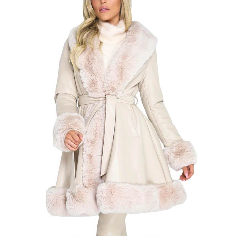 Women's solid color large fur collar lace-up waist  leather jacket fashionable slim long-sleeved top_voghion.com