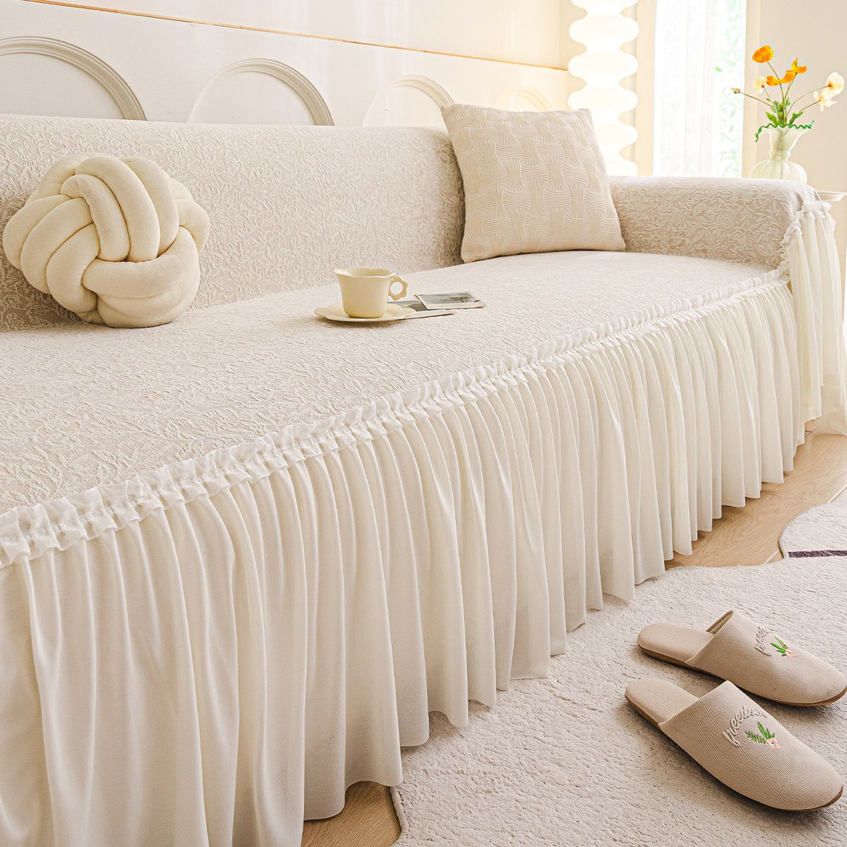 Copridivano in ciniglia con balza francese – Stampa botanica vintage, protezione completa per divani componibili (bordi elastici, multi-misura)_voghion.com