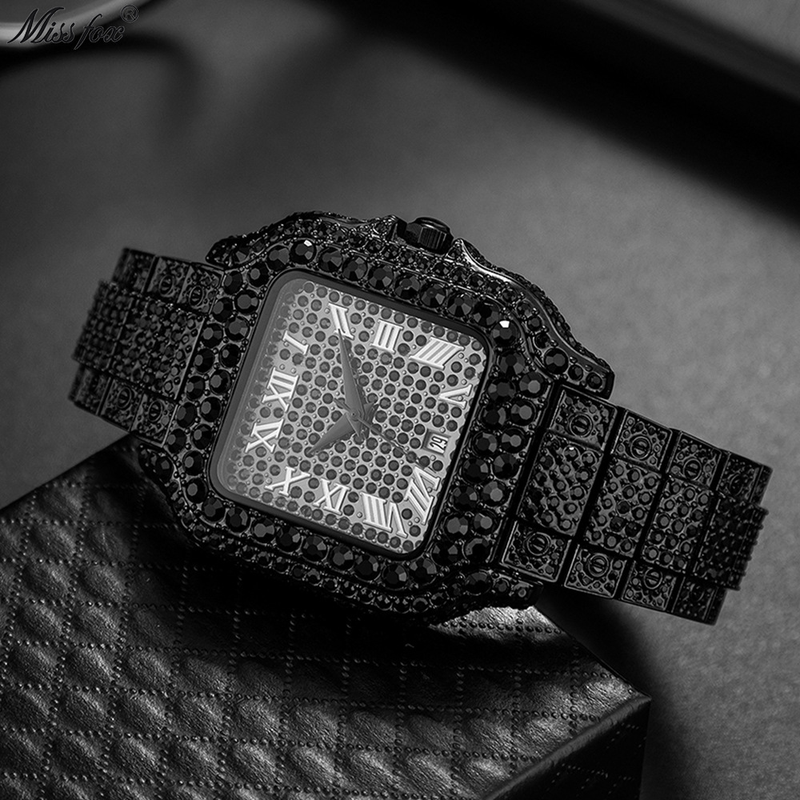2024 new  Live Hip Hop Ice Full Diamond Square Roman Scale Men's Quartz Watch_voghion.com