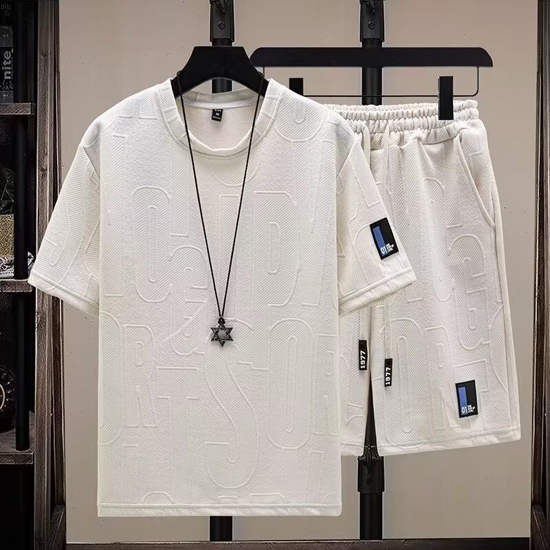 Men's Clothing Summer T Shirt Short Sleeved Two Piece Suit For Men Trendy Casual Sports Men's Breathable Waffle Jacquard Suit Edging_voghion.com