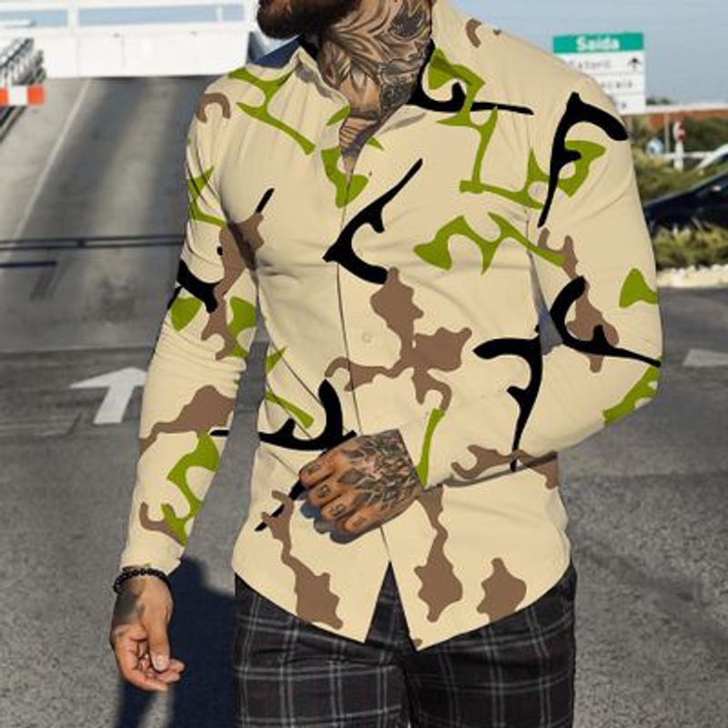 Printemps nouveaux hommes imprimé fleur de cajou fleur fragmentée loisirs à manches longues revers chemise ajustée pour les hommes_voghion.com