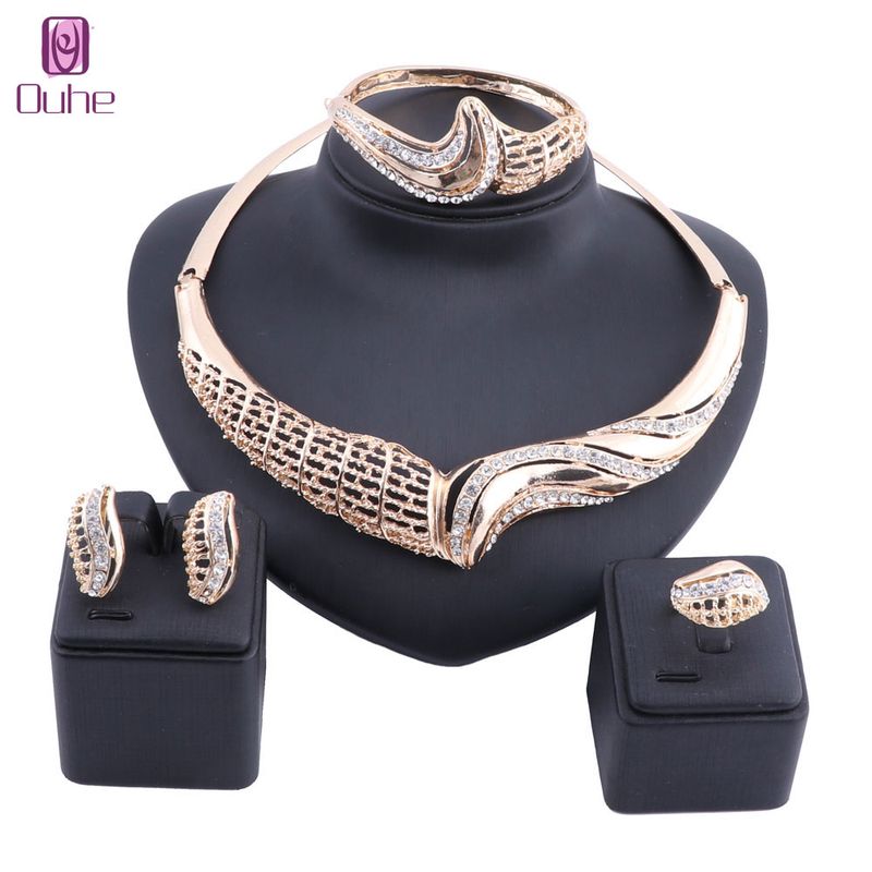 Women African Beads Jewelry Sets Crystal Necklace Earring Ring Bangle Jewelries Set Gold Silver Color Accessories Set_voghion.com