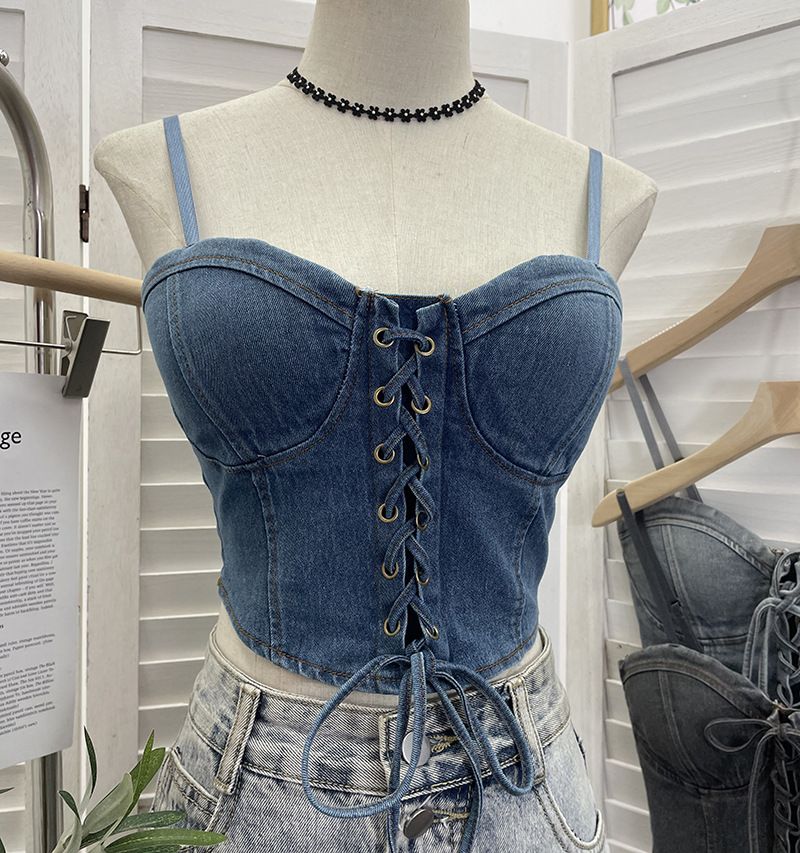 Women's Clothing Real Shot With Chest Pads And Adjustable Shoulder Straps Outer Wear Denim Vest With Bow Tie Short Sling Tube Top_voghion.com