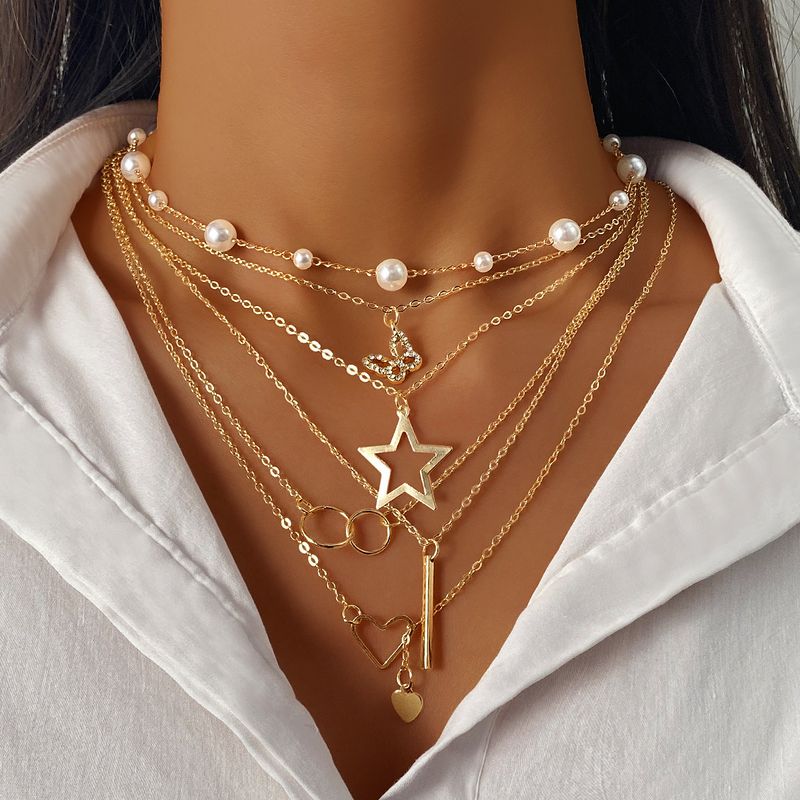 Bohemian Ethnic Retro Women Necklace Butterfly Tassel Pendant Stacked Set Necklace Niche Metal Chain Love Necklace Versatile Jewelry_voghion.com