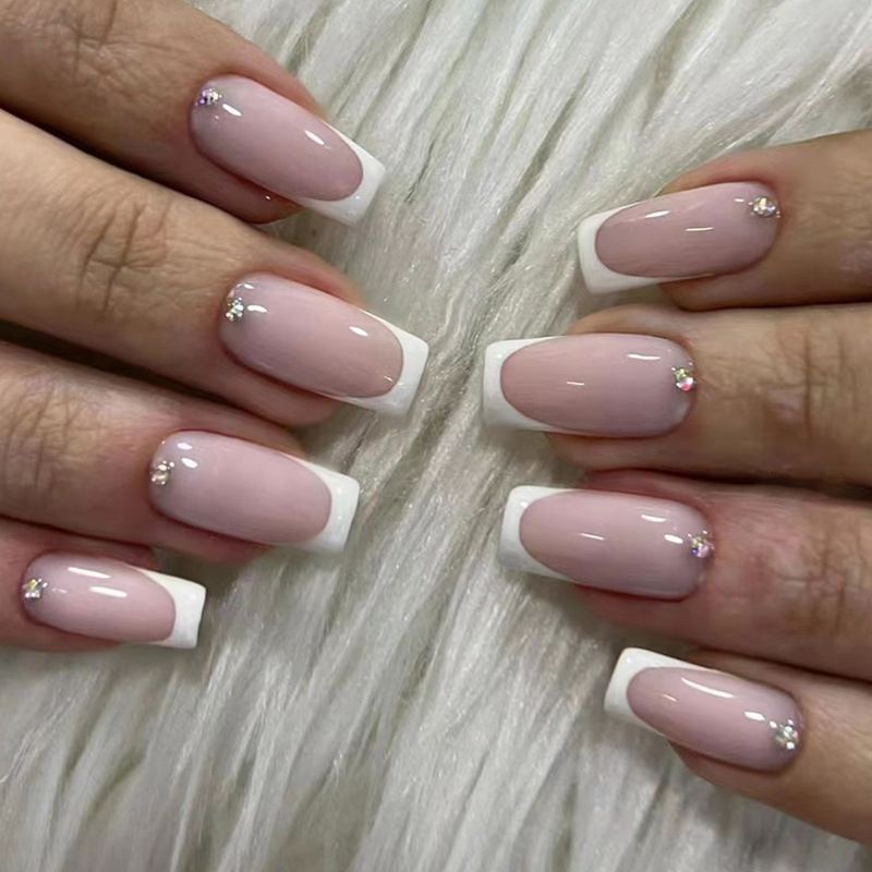 Vierkante 24 Stuks Mid-lengte Franse Nep Nagels Druk op Witte Rand Ontwerpen Kunstnagels met Strass Volledige Dekking F Rijnste_voghion.com