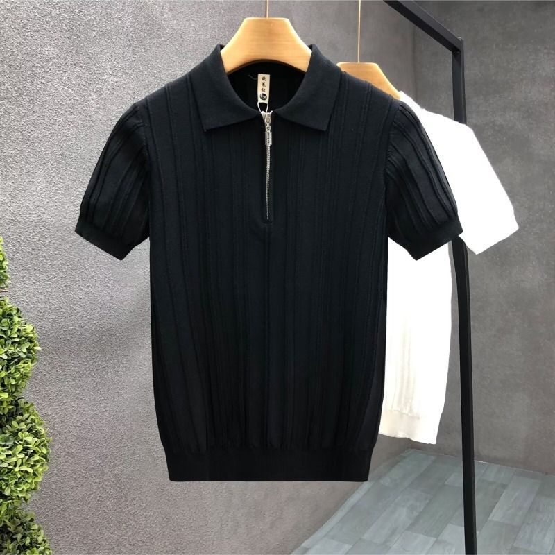 Men's Clothing Half Zip Polo Shirt Knitted Lapel Short Sleeved T Shirt Ice Silk Summer Breathable Tops_voghion.com