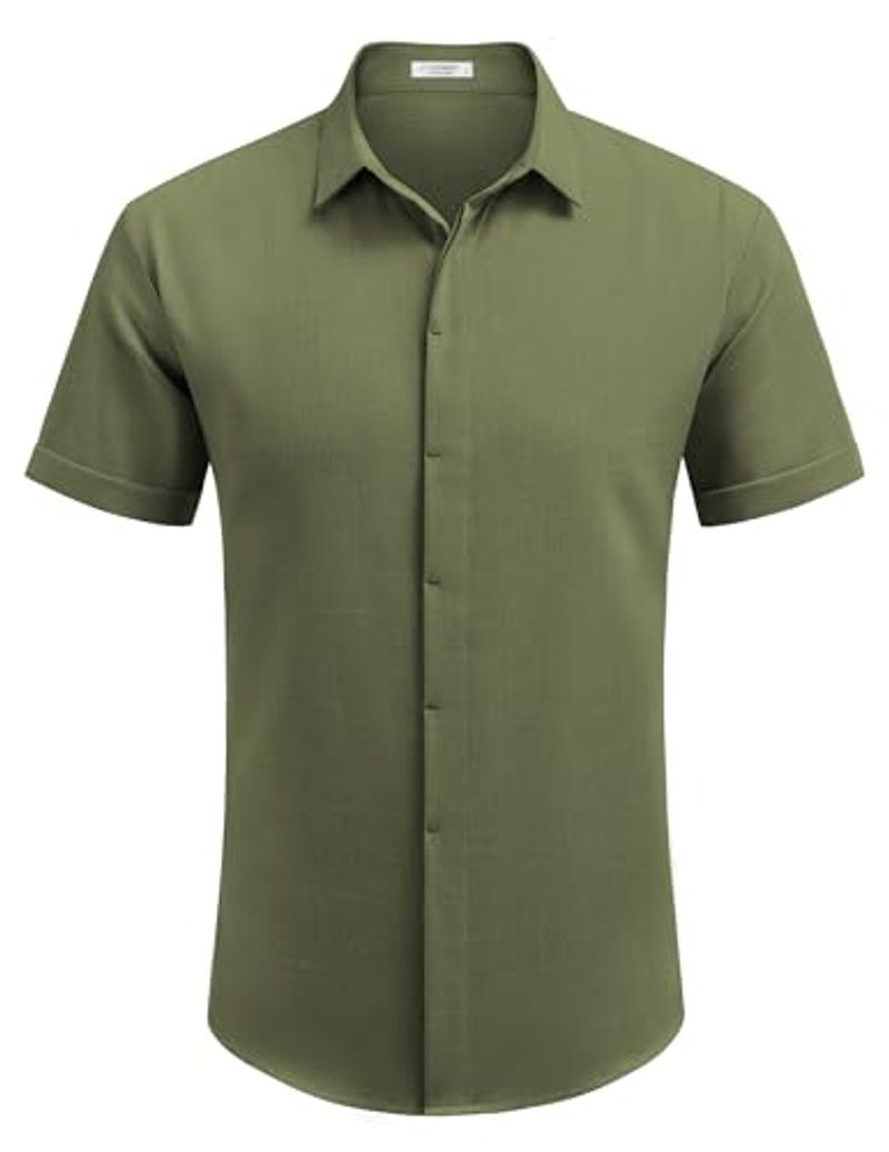 Camicia a maniche corte da uomo, camicie casual con bottoni, vestibilità regolare, camicia estiva in lino da spiaggia_voghion.com