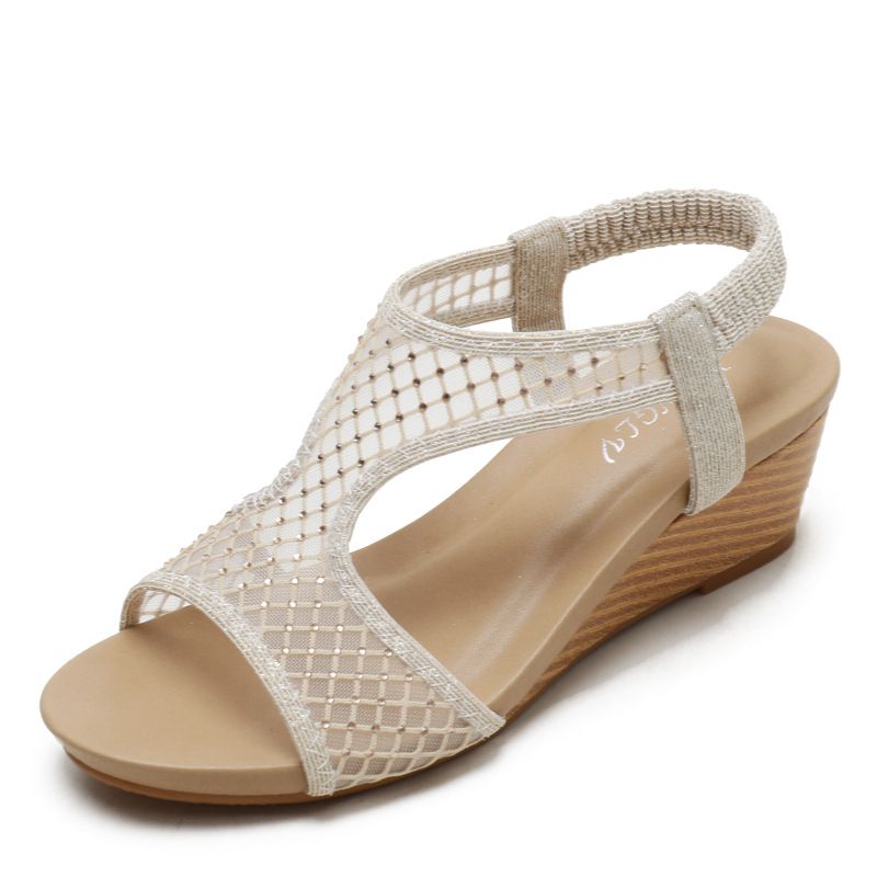 Wedge sandals for women, fashionable elastic band, medium heel, fish mouth, breathable mesh, Roman_voghion.com