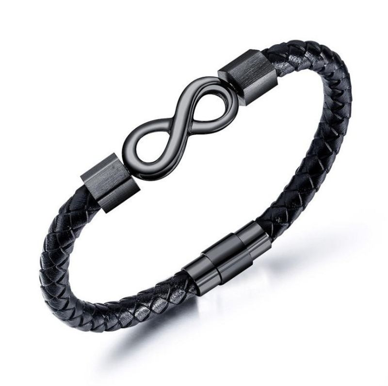 Bracelet Homme Mode Simple Infinite Cuir Noir/Argent_voghion.com