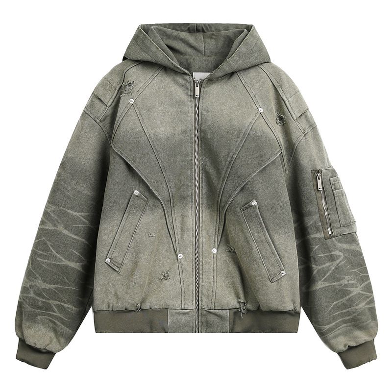 Giacca da lavoro verde militare da uomo - Bomber da baseball con cappuccio Cleanfit, stile Harrington retrò, antivento e resistente, in misto cotone e poliestere_voghion.com
