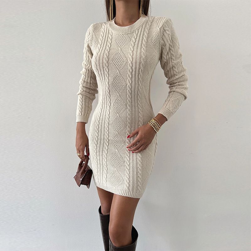 Sac à fond ajouré pour femmes, manches longues, tricoté, couleur unie, longue jupe pull_voghion.com