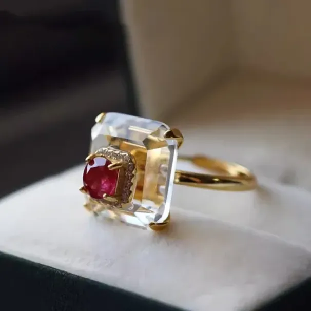 Ventes chaudes Bijoux fins Femmes Cristal Rubis Bague carrée S Sterling Sier Mode Bagues réglables_voghion.com