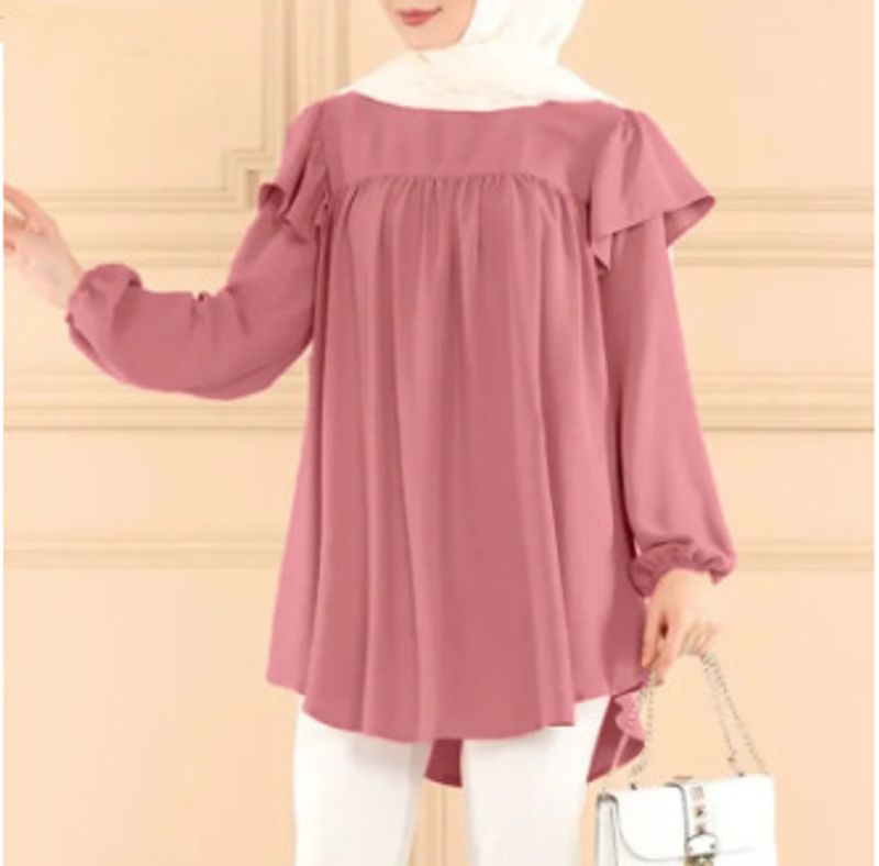 Chemise ample à manches longues et col rond pour femme, grande taille, couleur unie, à volants_voghion.com