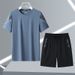 Sommersport Lässiges T-Shirt mit Rundhalsausschnitt aus Eisseide, Shorts, atmungsaktiv, schnelltrocknend, zweiteiliges Herrenset_voghion.com
