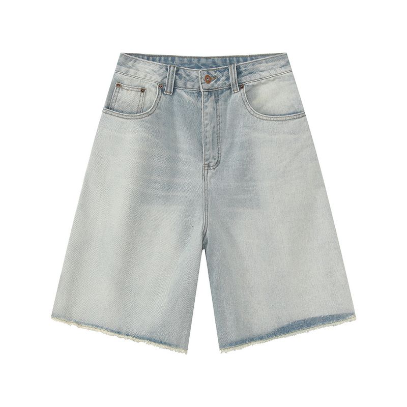 Abbigliamento estivo da uomo, pantaloncini in denim retrò con effetto vissuto e bordo grezzo, larghi e dritti_voghion.com