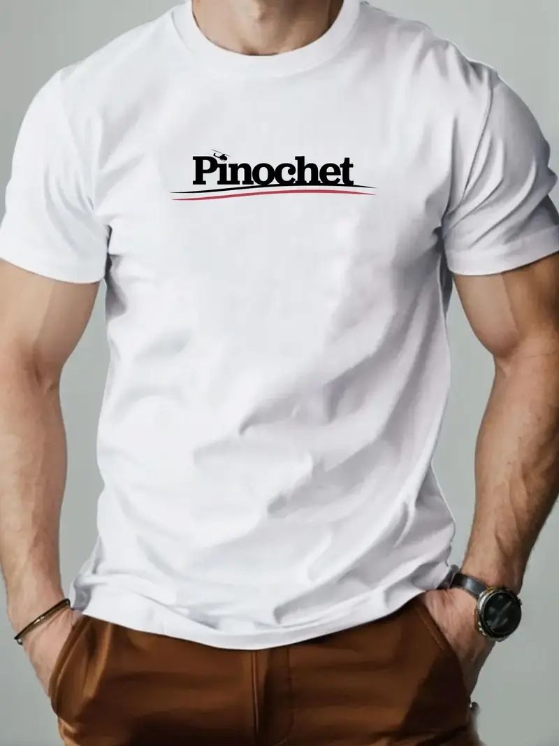 Maglietta casual estiva leggera a maniche corte con scollo rotondo, grafica Pinochet, da uomo, verde con scritte bianche e rosse_voghion.com