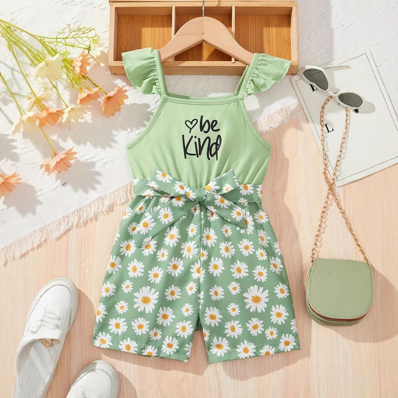 Mother & Kids INS Girls Bekind Letter Print Splicing Flower Full Print Jumpsuit Summer Dress_voghion.com
