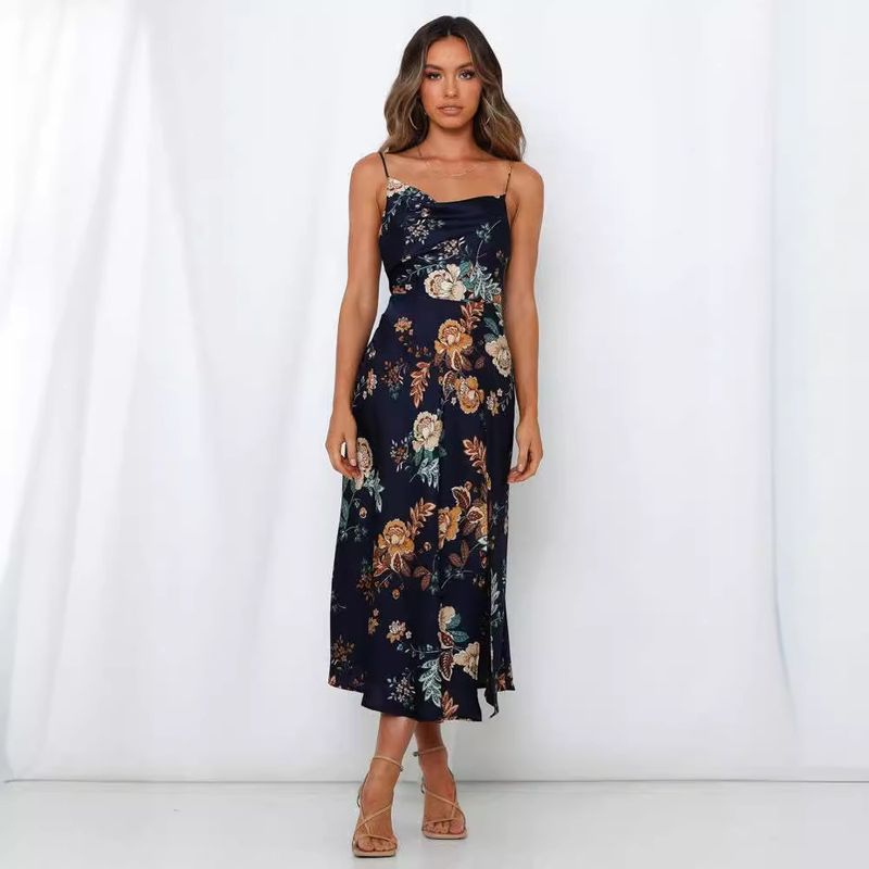 Robe fendue imprimée à bretelles pour femme, nouvelle collection été 2024_voghion.com