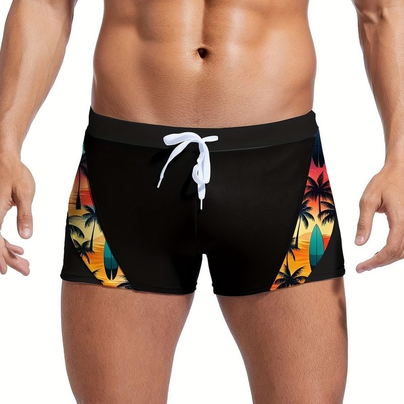 Abbigliamento da uomo Nuovo costume da bagno da uomo con stampa tropicale e cuciture, con coulisse, tasca posteriore e cerniera, disponibile in magazzino_voghion.com