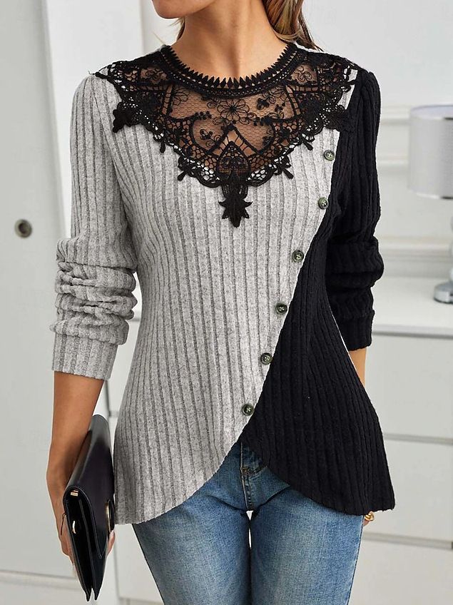 Maglietta a maniche lunghe in maglia con orlo asimmetrico e scollo rotondo in pizzo da donna_voghion.com