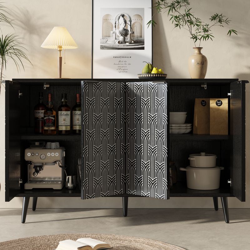 Esszimmerschrank Schwarz 120x78cm Mit Fischgrätenmuster, Geschnitzte Tür_voghion.com