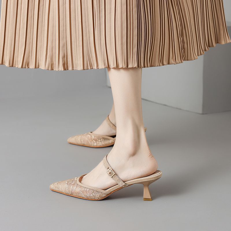 Stylish And Sexy Mesh Wrapped Half Women, Slim Heels With Pointed Toes, High Heels, Lazy People Wearing Slippers For The_voghion.com